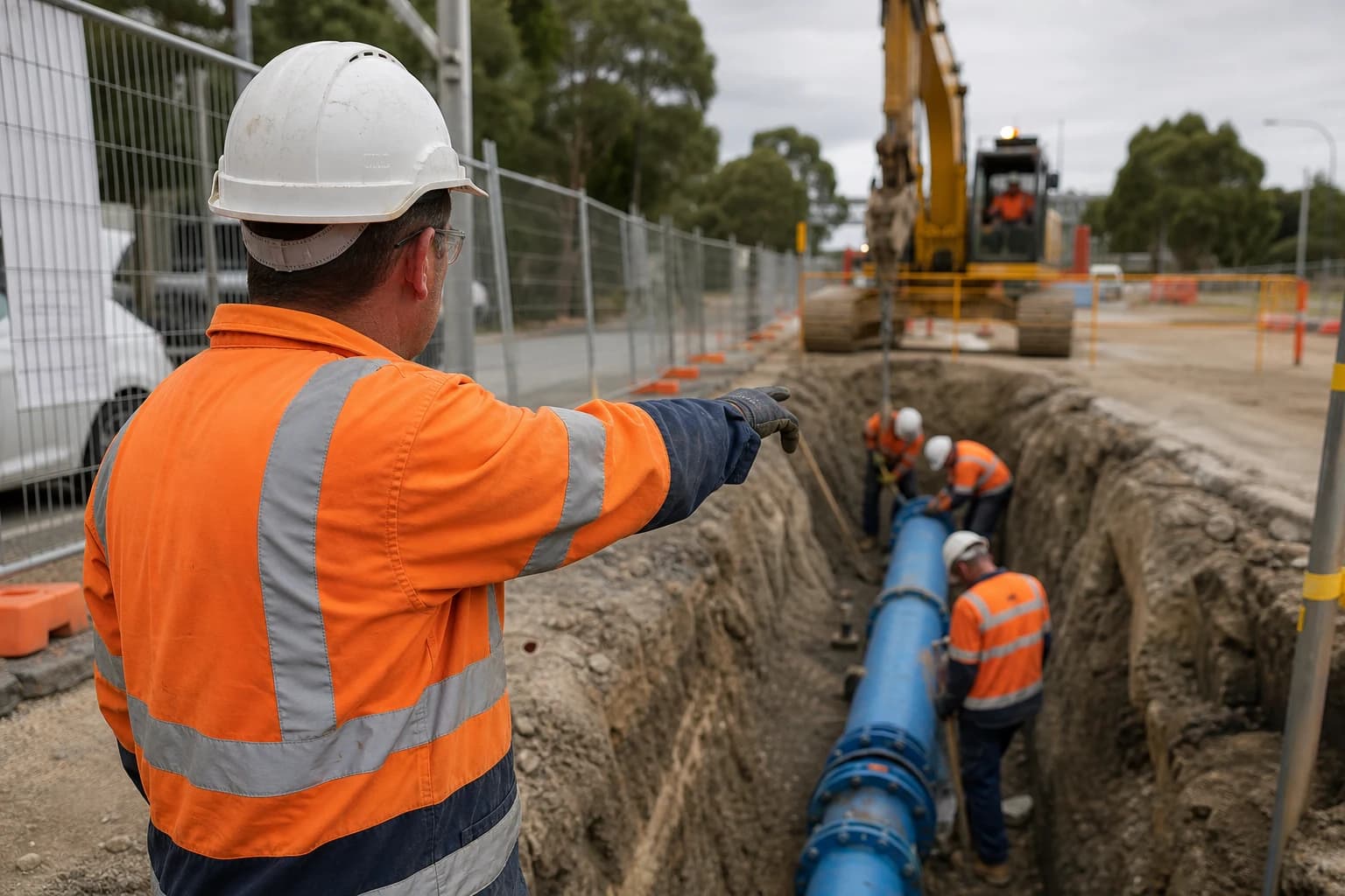 Water infrastructure contractor Sydney field crew and supervisor coordinating pipe installation on a live NSW drinking-water network