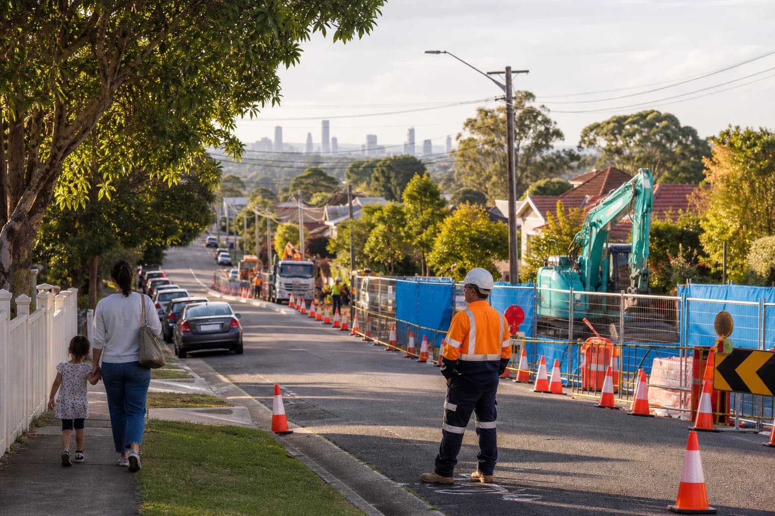 Sydney metro suburban corridor with water infrastructure works, traffic management, and residential frontages during authority programme delivery