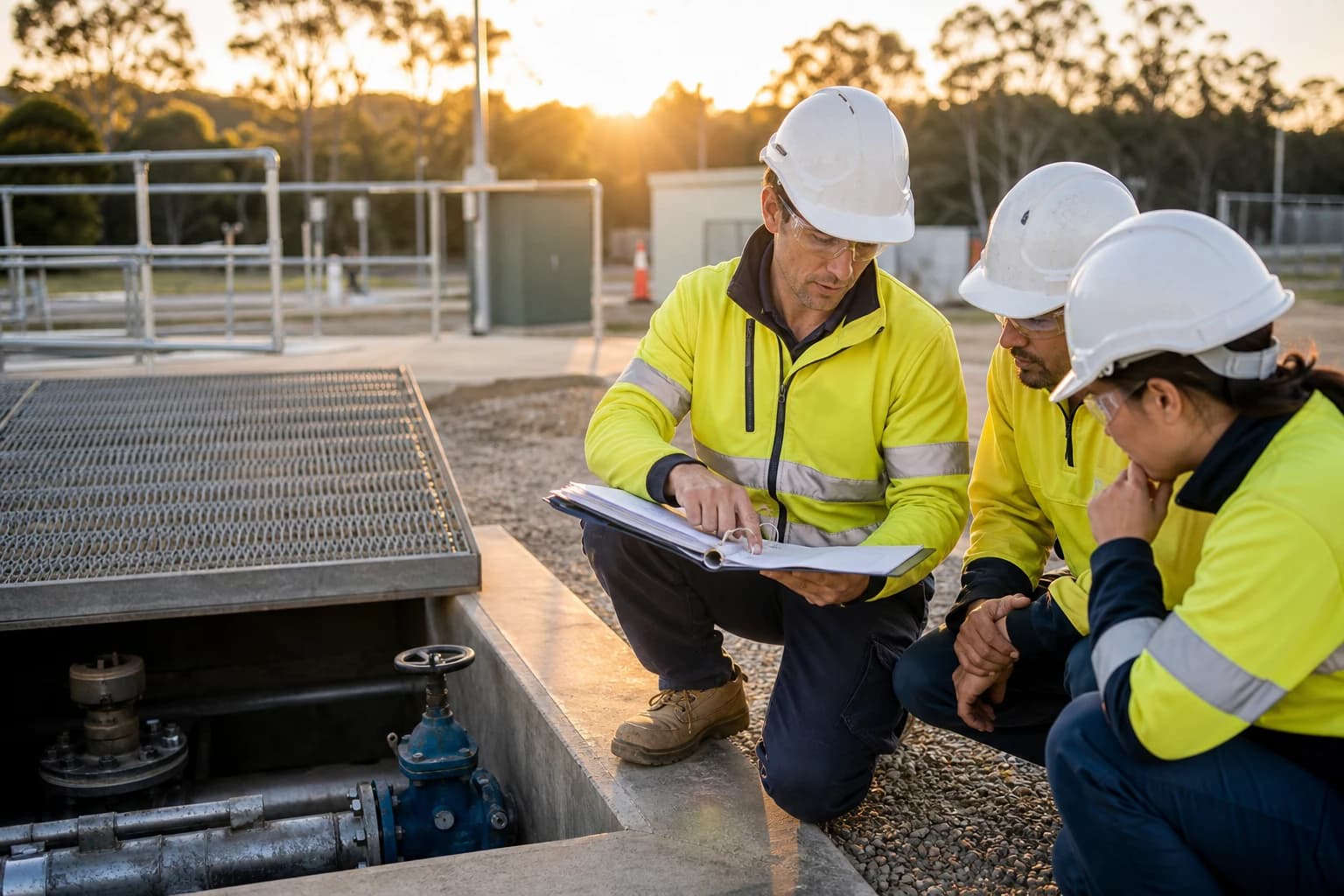 Site manager reviewing water authority accreditation compliance documents and isolation methodology with field crew in PPE