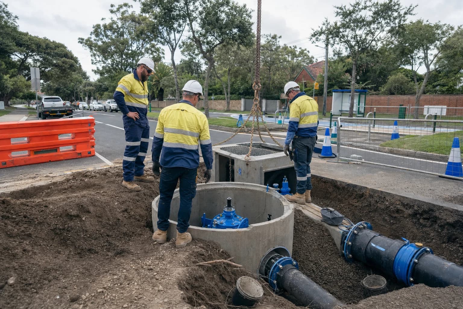 Potable water infrastructure crew installing a pressure main with valve assembly on an NSW street renewal programme