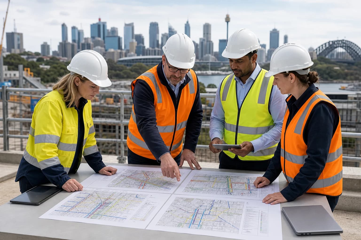Engineers reviewing four waters infrastructure plans across potable, wastewater, stormwater, and culvert scopes on a Sydney programme