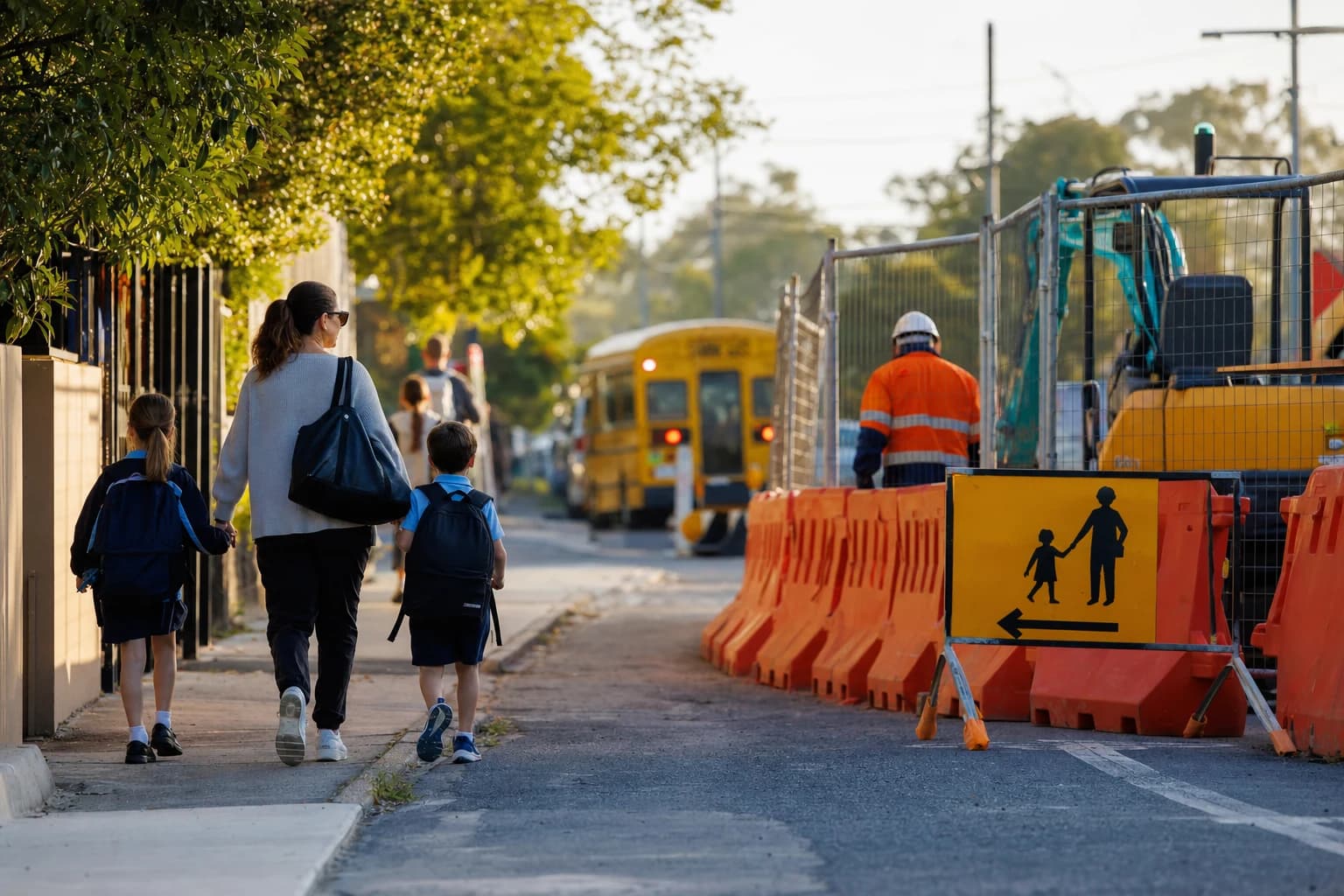 Community access planning for water works near a school zone with pedestrian detours, signage, and morning traffic management in NSW