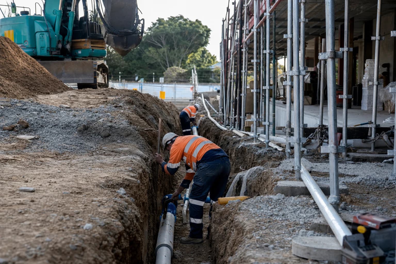 Water servicing works Sydney crew installing potable and wastewater connections on a live residential development site