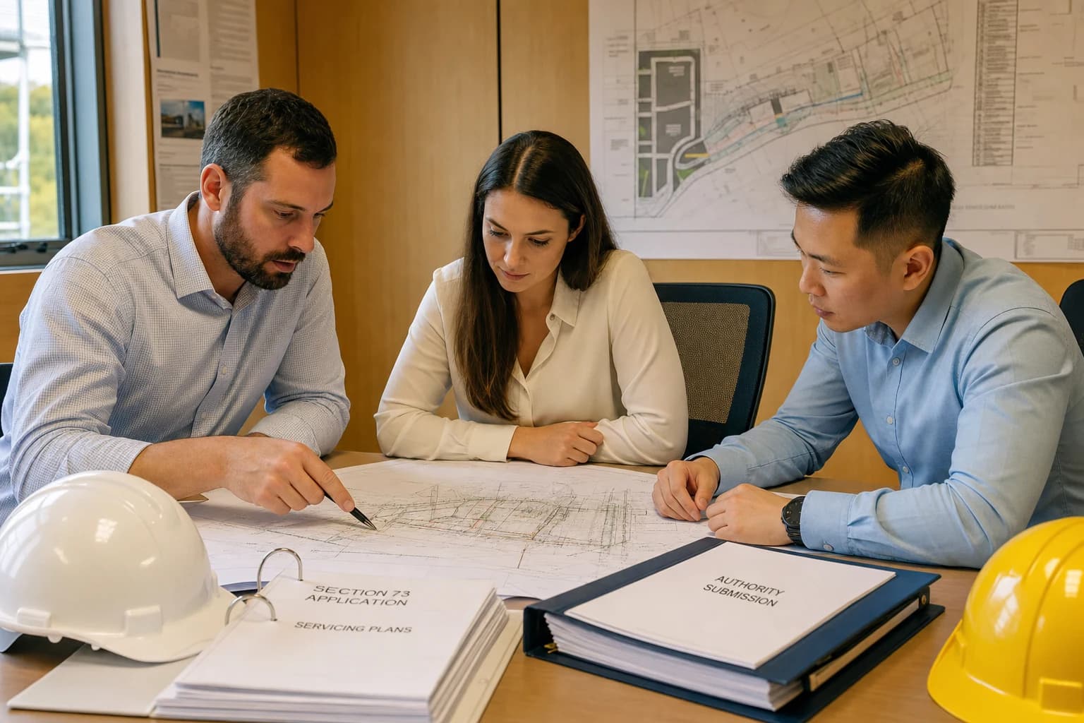 Developers and engineers reviewing Section 73 works Sydney plans with servicing layouts and water authority submission documents
