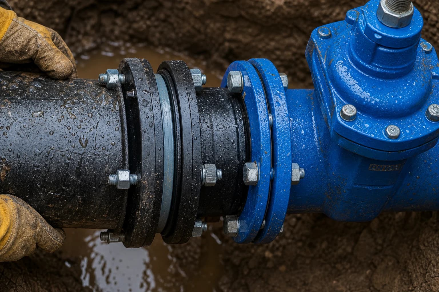Close detail of ductile iron water main joint and valve assembly during NSW network construction works