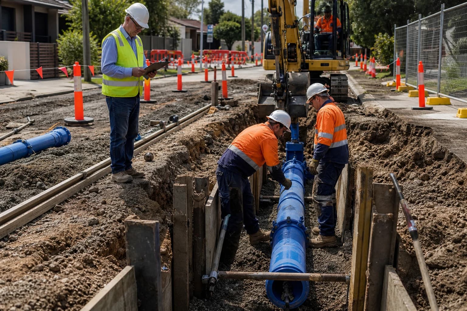 Field crew and supervisor at a Sydney water main trench with safety barriers and pipe sections ready for installation