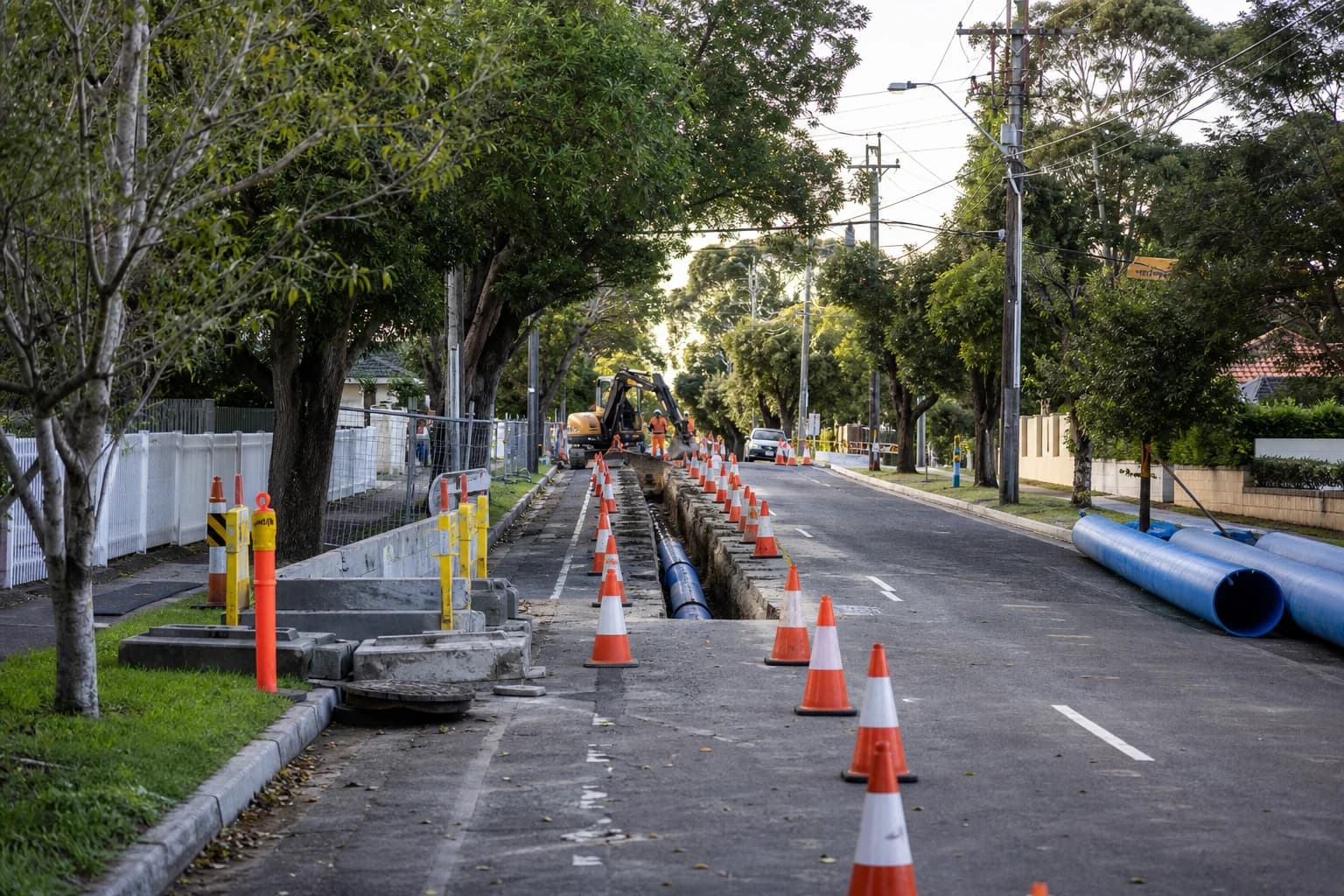 Sydney suburban street corridor with staged water infrastructure works and community traffic management in place