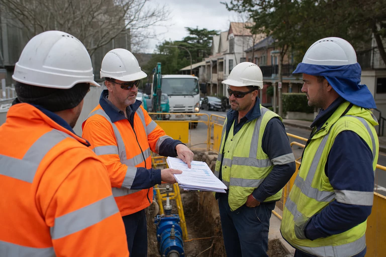 Water infrastructure site supervisor reviewing safety methodology and isolation checklist with crew in PPE