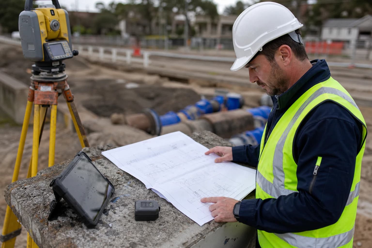 Civil engineer reviewing water network plans and inspection notes beside field measurement equipment on site