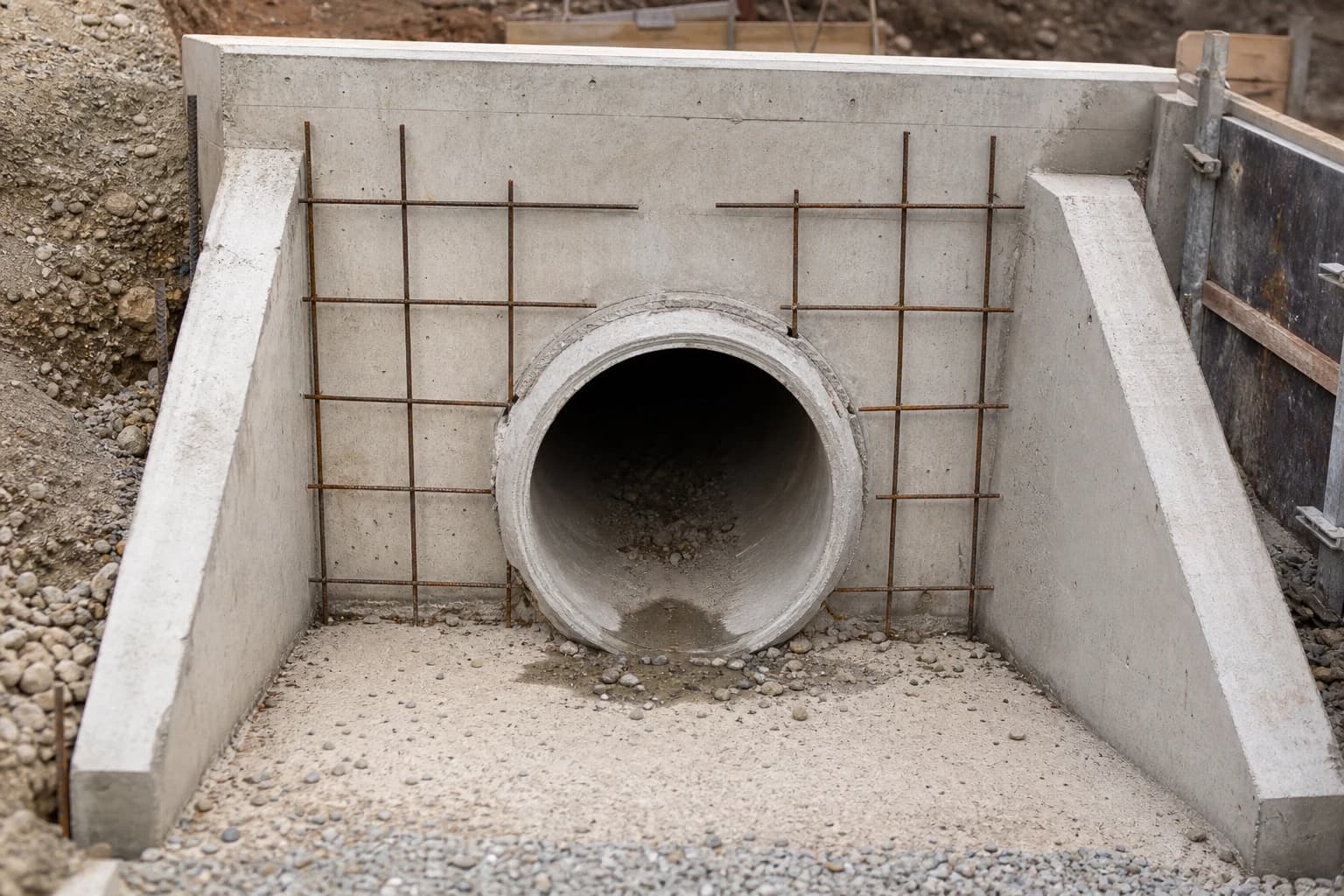 Close detail of culvert headwall and pipe interface during council water asset renewal works on a regional NSW road crossing