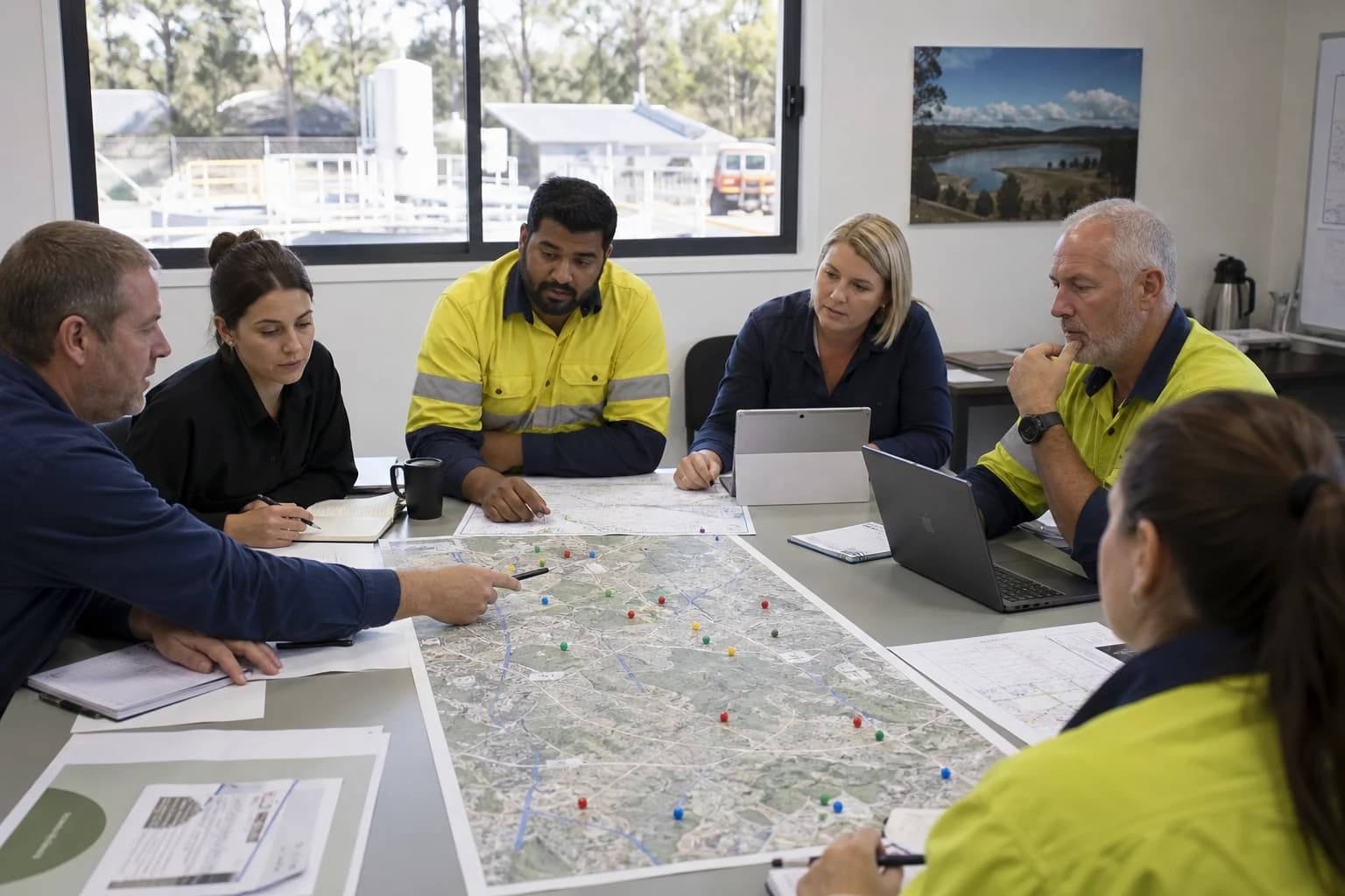 Water infrastructure for councils NSW programme planning session with asset maps, renewal priorities, and council engineering staff in a regional depot