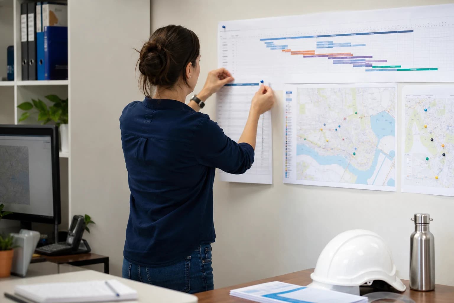 Council infrastructure planner reviewing water asset renewal programme schedule and site list on a wall chart in a NSW local government office
