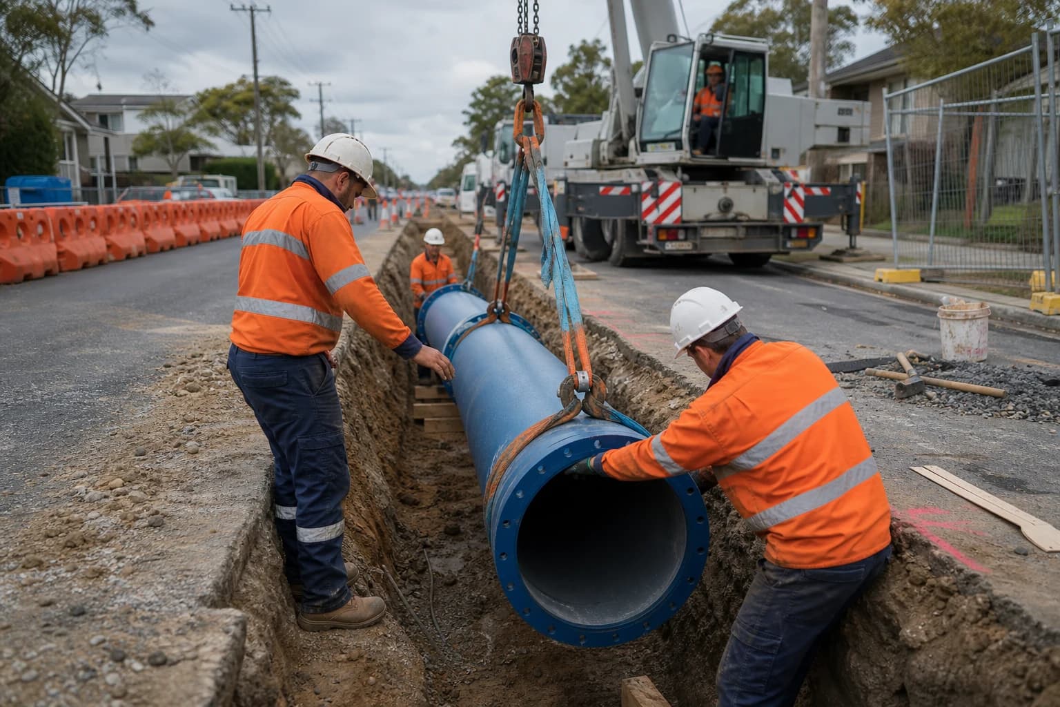 Crew installing new ductile iron water main section during pressure pipeline upgrade on a live NSW street programme