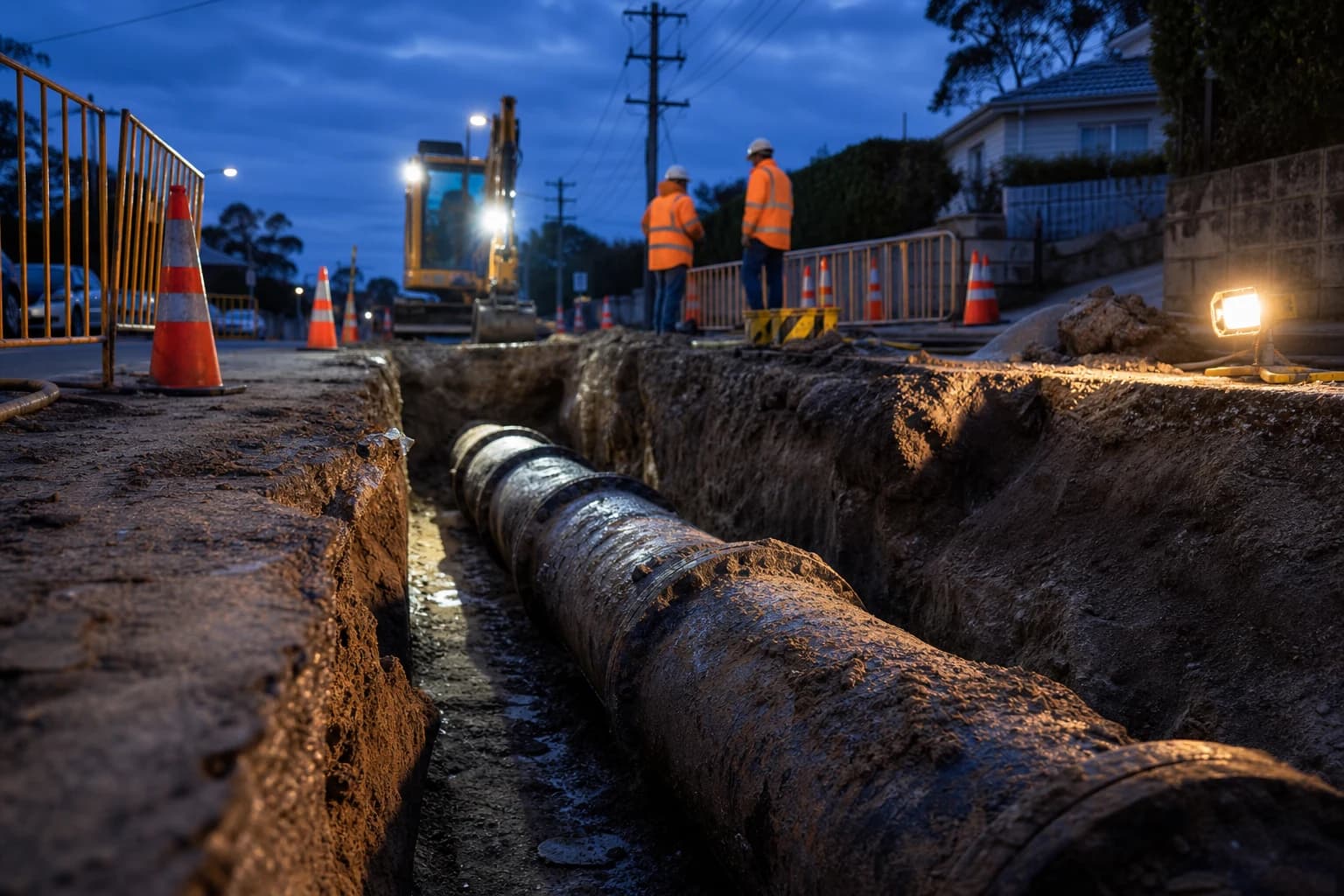 Water main renewal works exposing ageing pipe in a Sydney suburban trench under inspection lighting at dusk