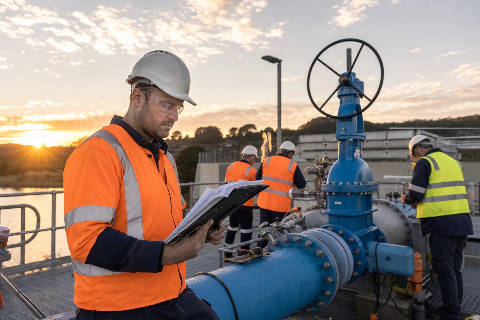 Supervisor reviewing live-network isolation permits and water main renewal methodology with crew in PPE at a valve compound